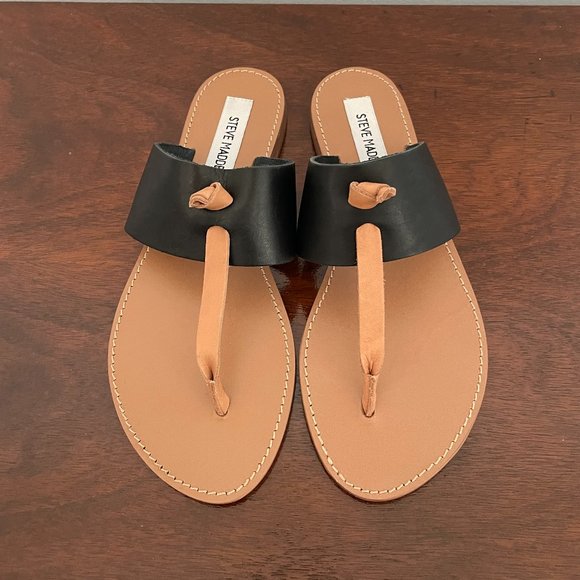 Steve Madden Shoes - Steve Madden Size 6.5 Leather Sandal Unworn Condition Flat Black and Brown Slide